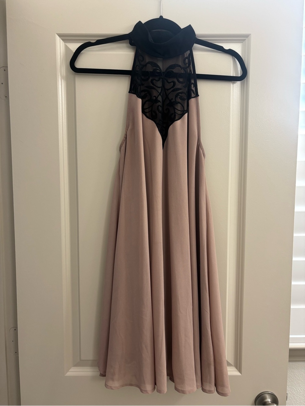 TFNC Nude Mini Dress with Black Lace Halter